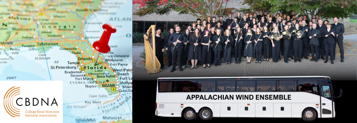 Group photo of the Wind Ensemble, a tour bus, and a map of Florida showing Tampa