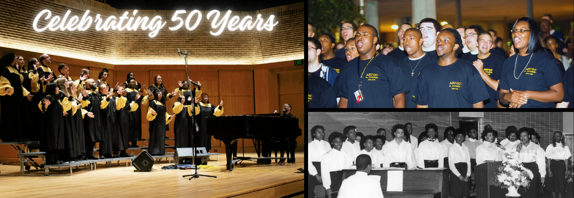 Three photos of the gospel choir performing in various eras