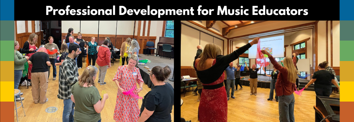 Music teachers engage in games with colorful streamers 